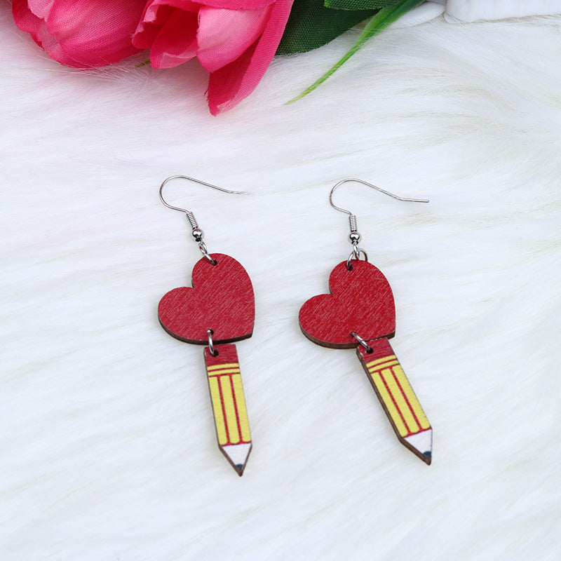 Wholesale Teacher's Day Heart Hollow Wooden Earrings